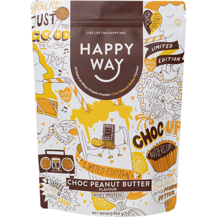 Happy Way whey protein powder choc peanut butter for muscle recovery and lean protein intake
