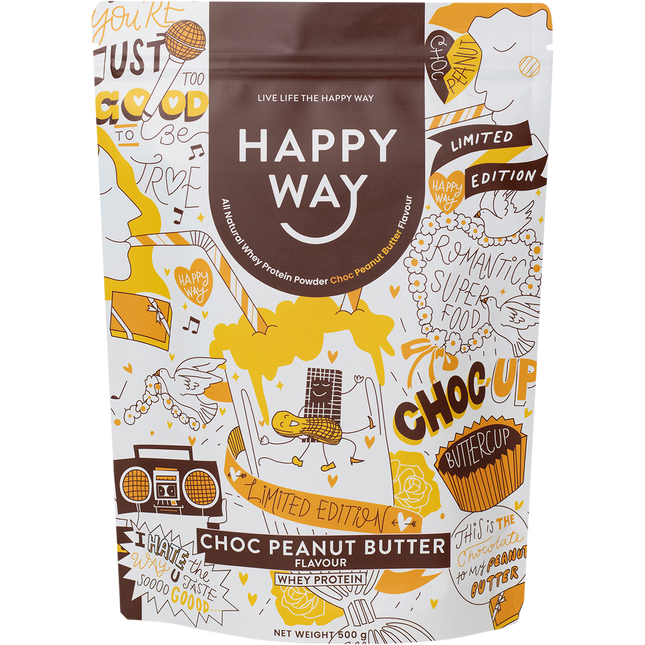 Happy Way whey protein powder choc peanut butter for muscle recovery and lean protein intake
