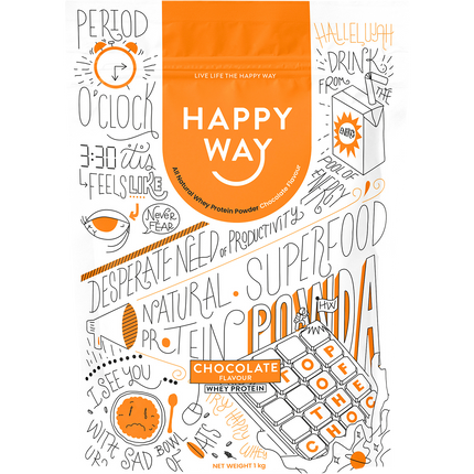 Happy Way whey protein powder chocolate for muscle recovery and lean protein intake