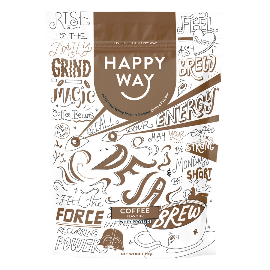 Happy Way whey protein powder coffee for muscle recovery and lean protein intake