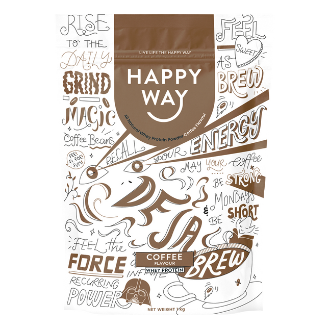 Happy Way whey protein powder coffee for muscle recovery and lean protein intake