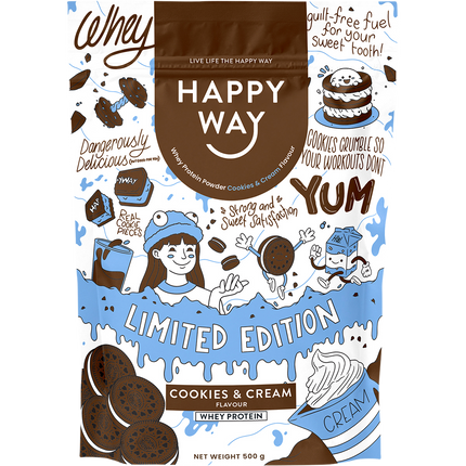 Happy Way whey protein powder cookies and cream for muscle recovery and lean protein intake