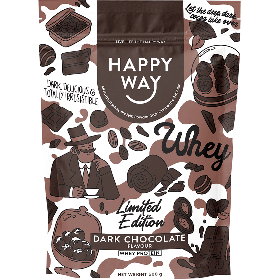 Happy Way whey protein powder dark chocolate for muscle recovery and lean protein support