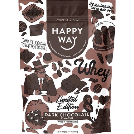 Happy Way whey protein powder dark chocolate for muscle recovery and lean protein support