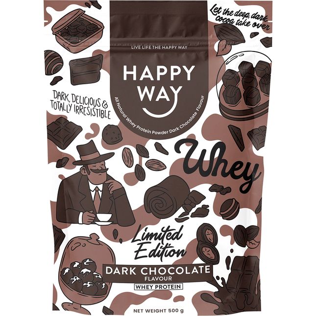 Happy Way whey protein powder dark chocolate for muscle recovery and lean protein support