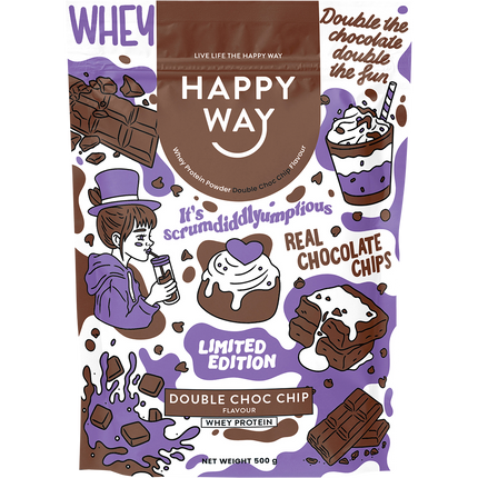 Happy Way whey protein powder double choc chip for muscle recovery and lean protein support