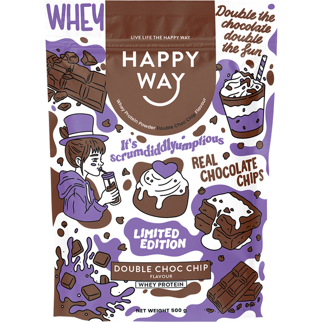 Happy Way whey protein powder double choc chip for muscle recovery and lean protein support