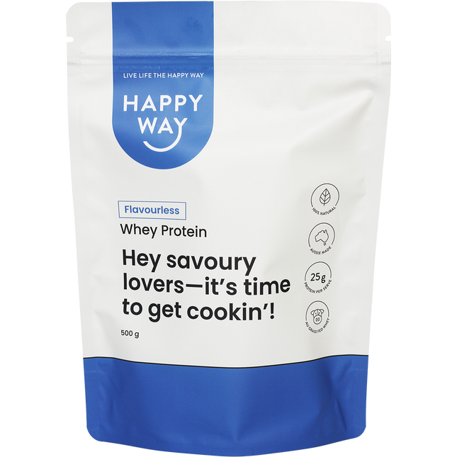 Happy Way whey protein powder flavourless for muscle recovery and daily protein intake