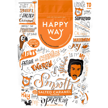 Happy Way whey protein powder salted caramel for muscle recovery and lean protein intake
