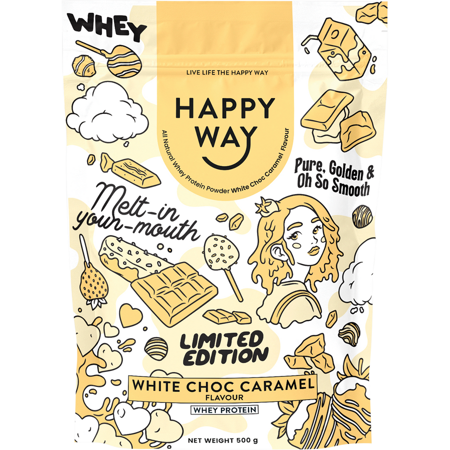 Happy Way whey protein powder white choc caramel for muscle recovery and lean protein intake