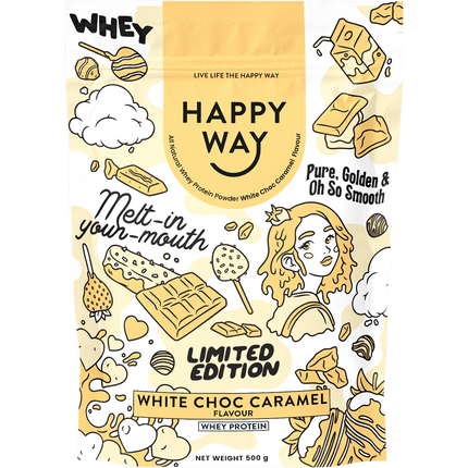 Happy Way whey protein powder white choc caramel for muscle recovery and lean protein intake