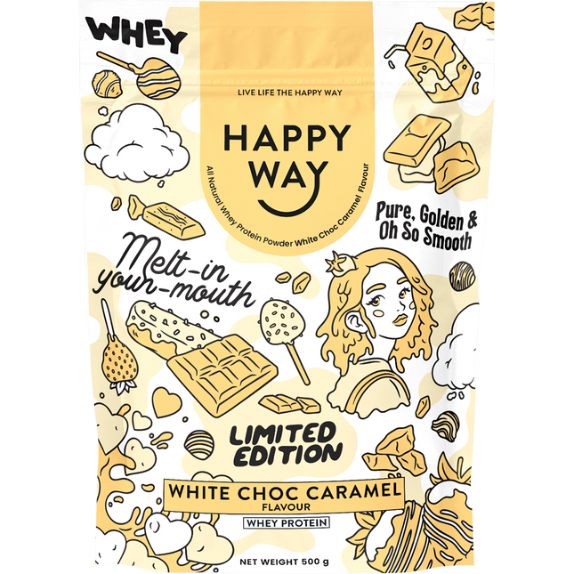 Happy Way whey protein powder white choc caramel for muscle recovery and lean protein intake