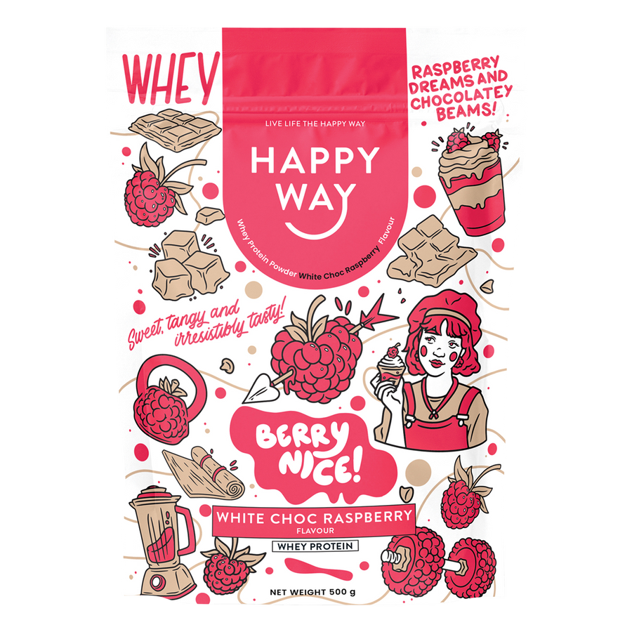 Happy Way whey protein powder white choc raspberry for muscle recovery and lean protein intake