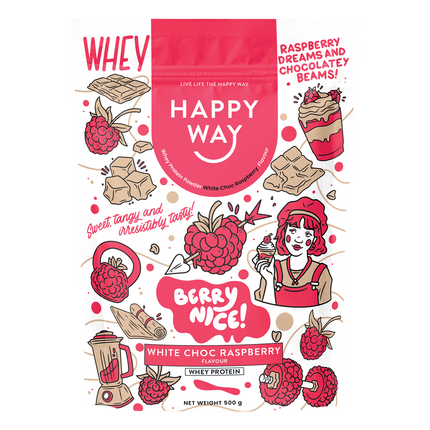 Happy Way whey protein powder white choc raspberry for muscle recovery and lean protein intake