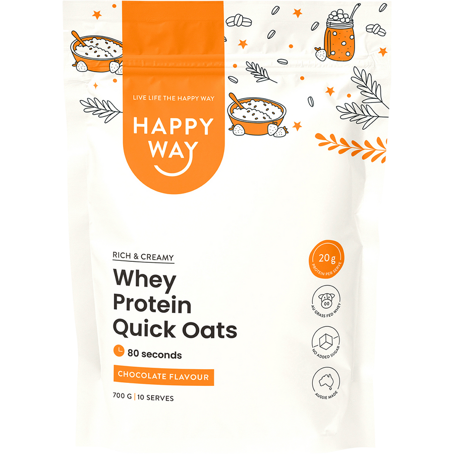 Happy Way whey protein quick oats chocolate for high protein breakfast and muscle support