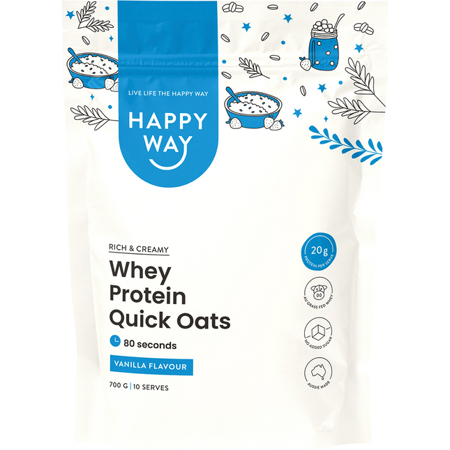 Happy Way whey protein quick oats vanilla for high protein breakfast and muscle support