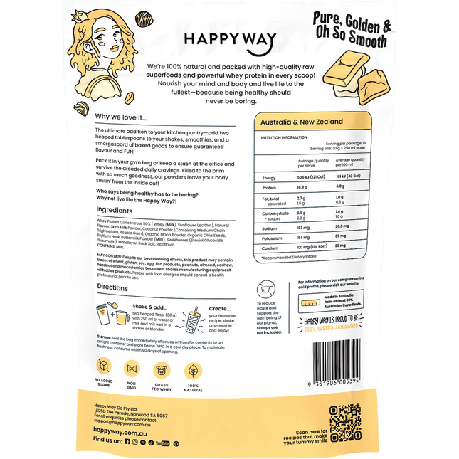 Happy Way whey protein powder white choc caramel smooth flavour for shakes and daily nutrition