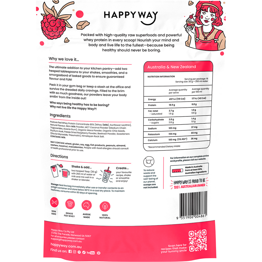 Happy Way whey protein powder white choc raspberry smooth flavour for shakes and daily nutrition