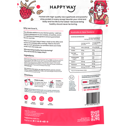 Happy Way whey protein powder white choc raspberry smooth flavour for shakes and daily nutrition