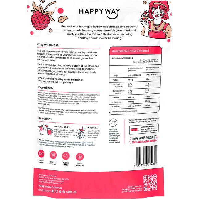 Happy Way whey protein powder white choc raspberry smooth flavour for shakes and daily nutrition