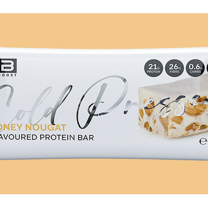 Fibre Boost Honey Nougat cold pressed protein bar packaging close-up