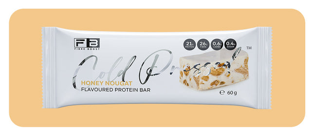 Fibre Boost Honey Nougat flavoured cold pressed protein bar packaging close-up