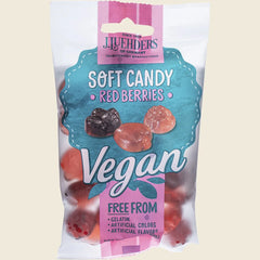 J.Luehders Soft Vegan Candy Red Berries pouch showing berry shaped gummies through the clear front panel