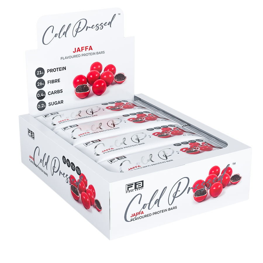 Box of Cold Pressed Jaffa flavoured protein bars with red and black graphics on a white background