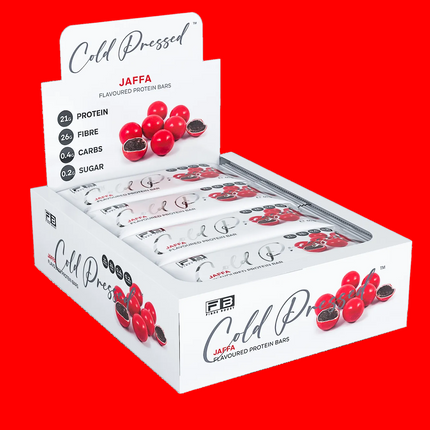 Box of Cold Pressed Jaffa flavoured protein bars with red and black graphics on a white background