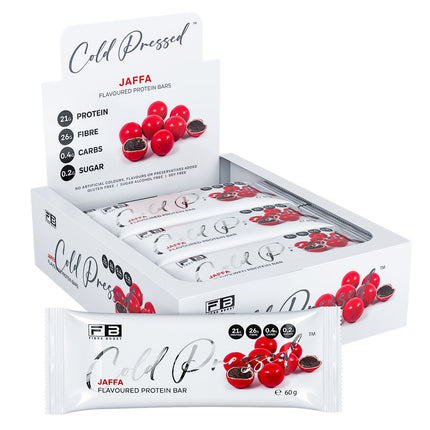Box of Fibre Boost Jaffa flavoured cold pressed protein bar, high fibre and 20g+ protein