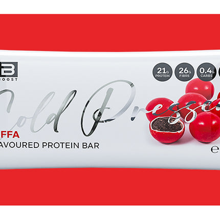 Protein bar packaging with jaffa flavor on a red background