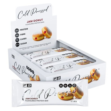 Fibre Boost Jam Donut flavoured cold pressed protein bar packaging close-up