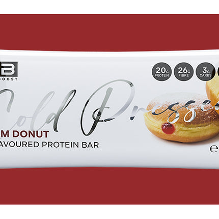 Protein bar packaging with 'FB' branding on a red background