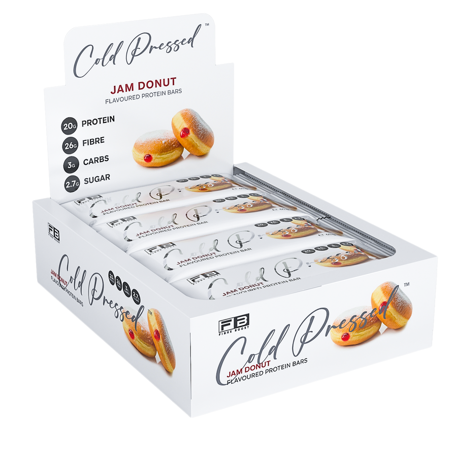 Box of Cold Pressed Jam Donut protein bars on a white background