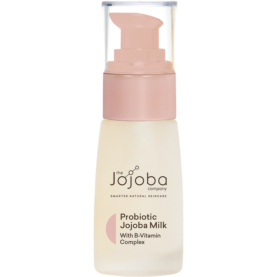 Close up of probiotic jojoba milk texture showing smooth fast absorbing consistency