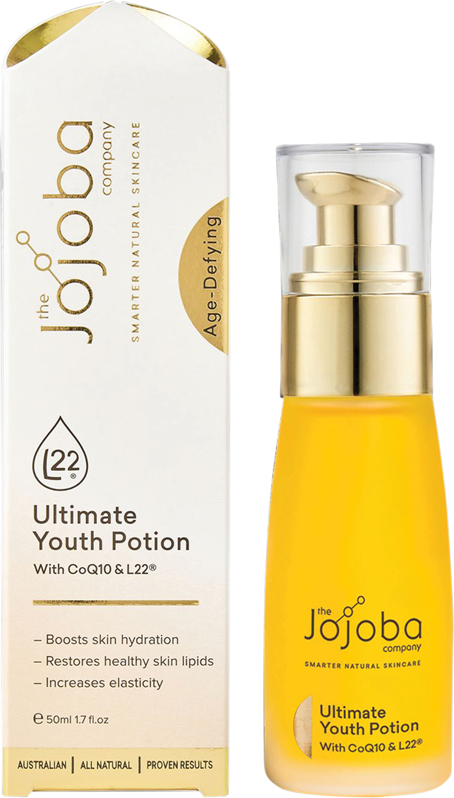 Jojoba Ultimate Youth Potion facial oil with CoQ10 and L22 for anti ageing and skin firming