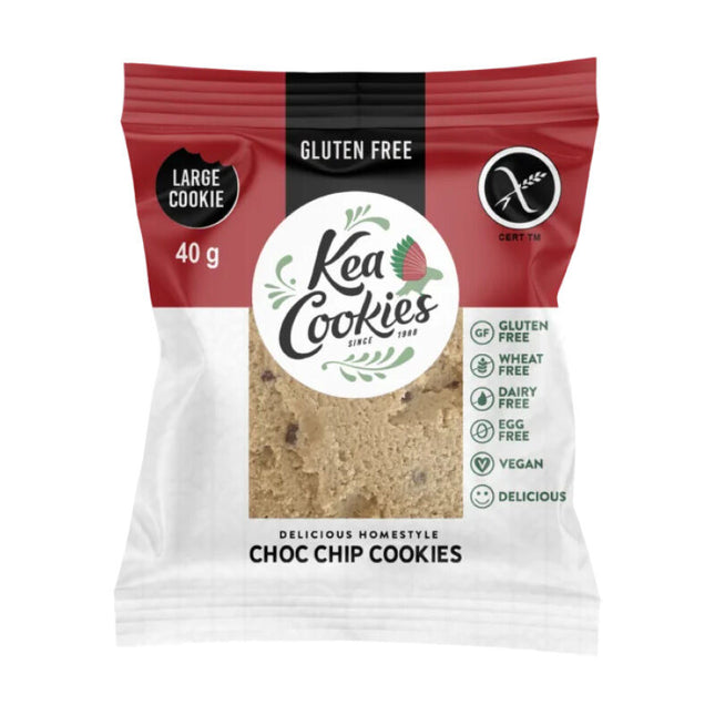 Kea Cookies Gluten Free Choc Chip single cookie pack, 40g large cookie, certified gluten free and vegan