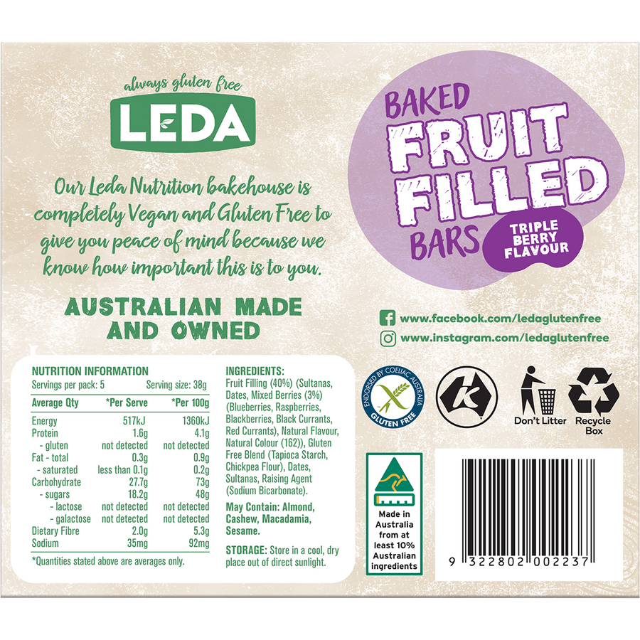 Leda Baked Fruit Filled Bars Triple Berry Multipack 5 Bars