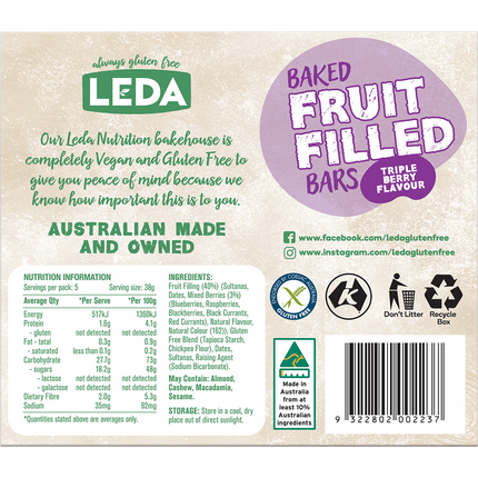 Leda Baked Fruit Filled Bars Triple Berry Multipack 5 Bars