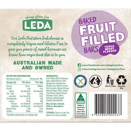 Leda Baked Fruit Filled Bars Triple Berry Multipack 5 Bars 6x190g