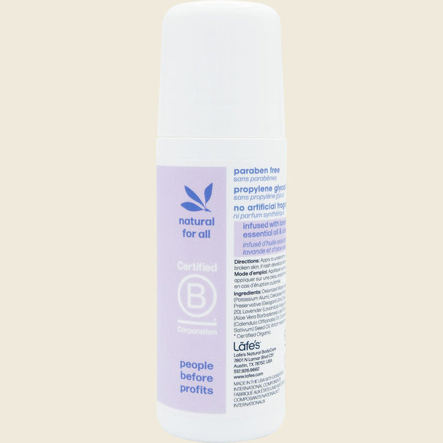 Side of Lafe's Roll On Deodorant Lavender + Aloe showing ingredients and directions