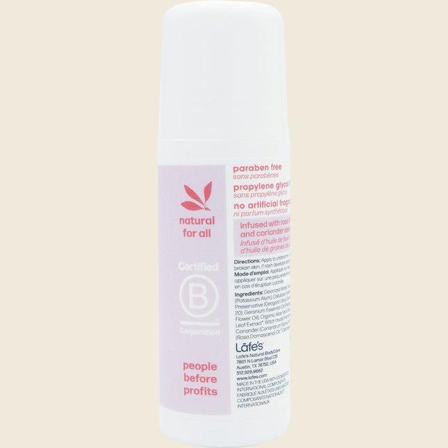 Side of Lafe's Roll On Deodorant Rose + Coriander showing ingredients and directions