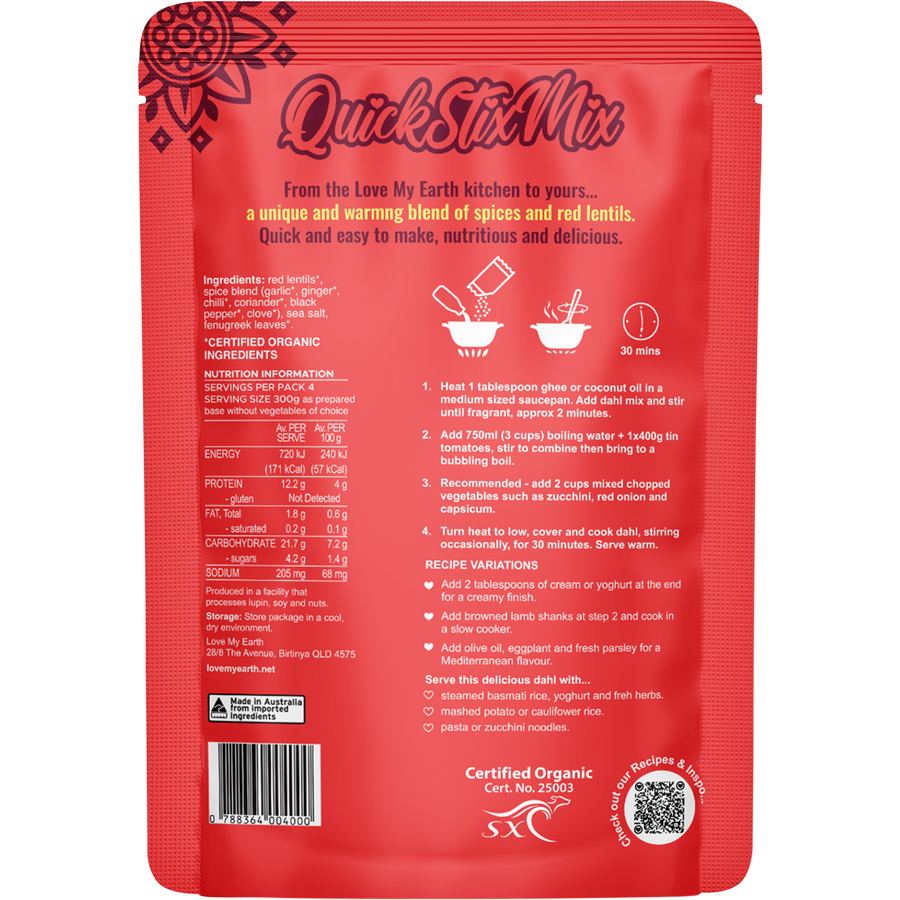 Quick Stix Mix Organic Dahl Bombay Tomato