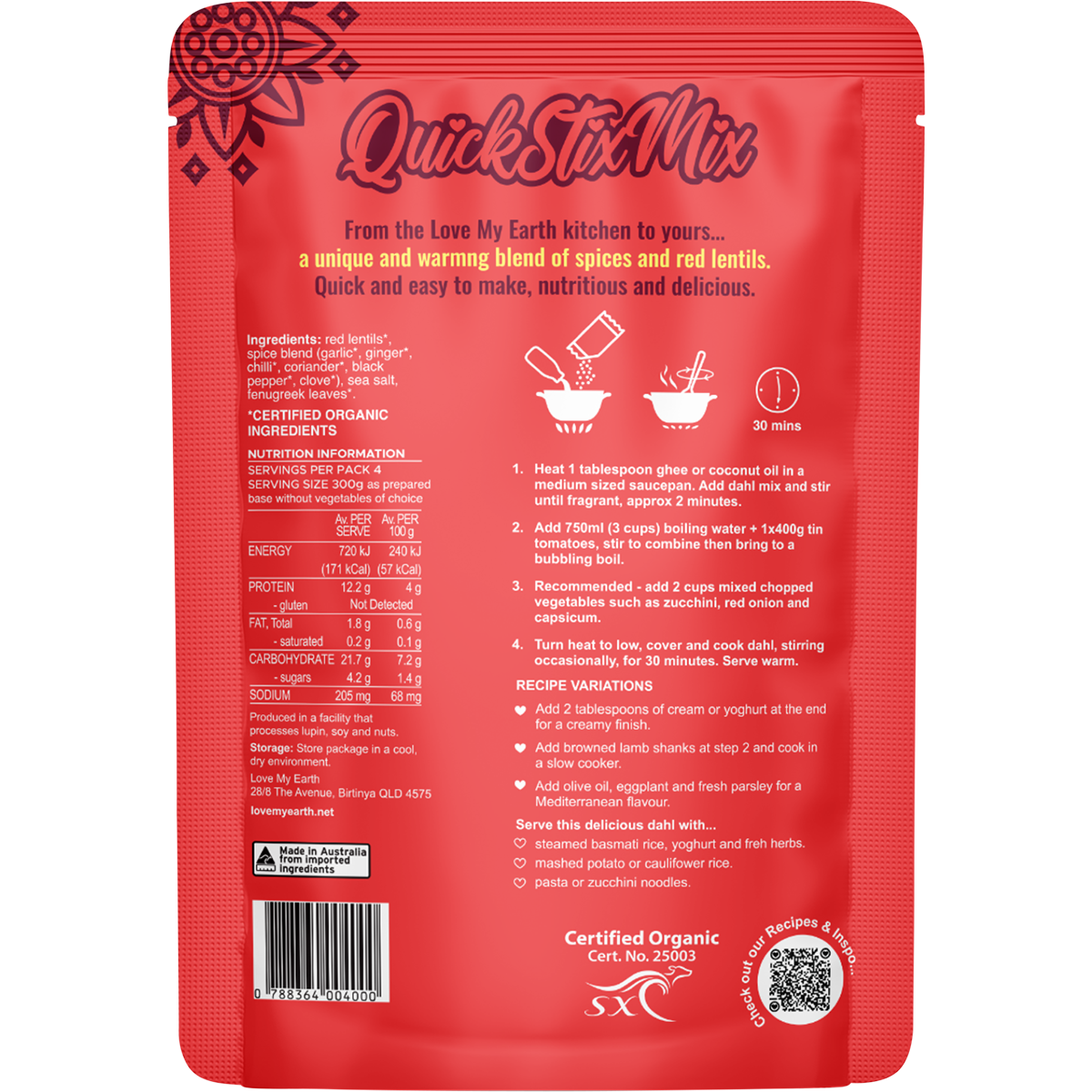 Quick Stix Mix Organic Dahl Bombay Tomato