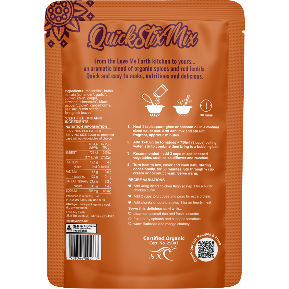 Quick Stix Mix Organic Dahl Butter Masala