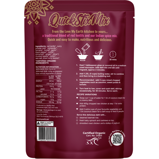 Quick Stix Mix Organic Dahl Indian Masala