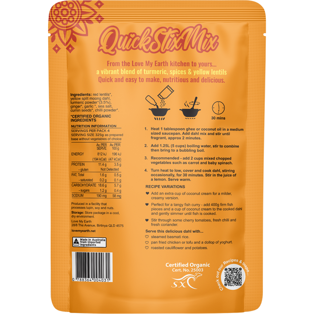 Quick Stix Mix Organic Dahl Zesty Turmeric