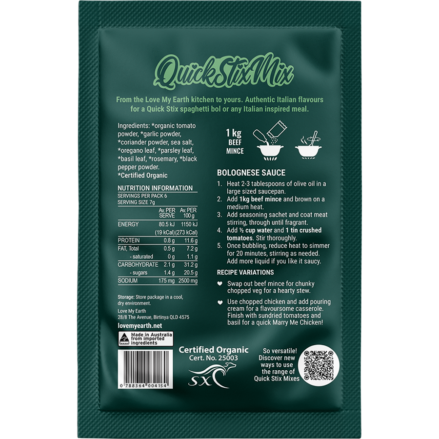 Love My Earth Quick Stix Mix Organic Recipe Base Bolognese