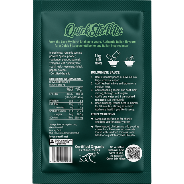 Love My Earth Quick Stix Mix Organic Recipe Base Bolognese