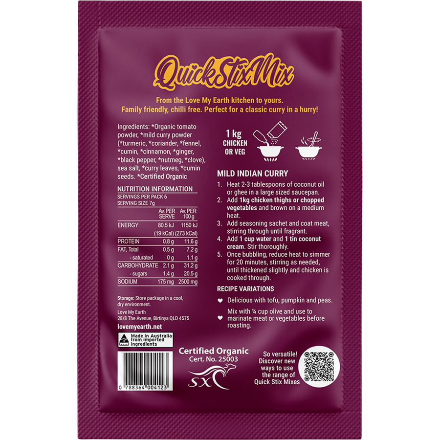 Love My Earth Quick Stix Mix Organic Recipe Base Mild Indian Curry